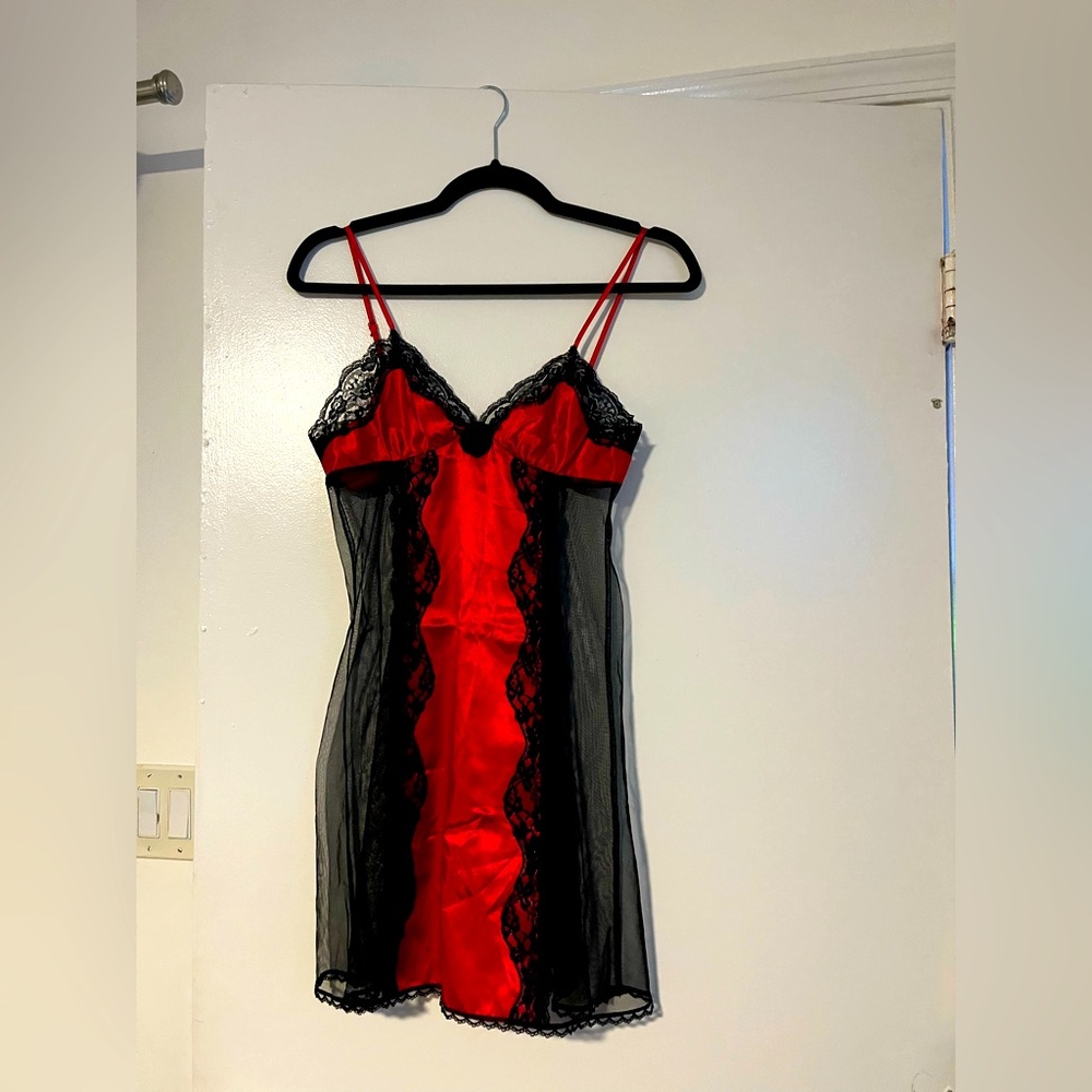 Vintage Frederick’s of Hollywood Red Satin‎ and Black Lace Sheer Whimsigoth Slip